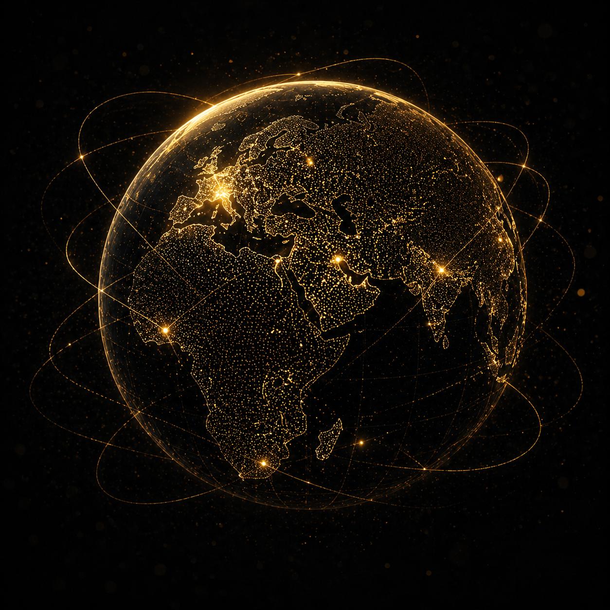 A golden network globe of glowing city lights connected by orbital rings.